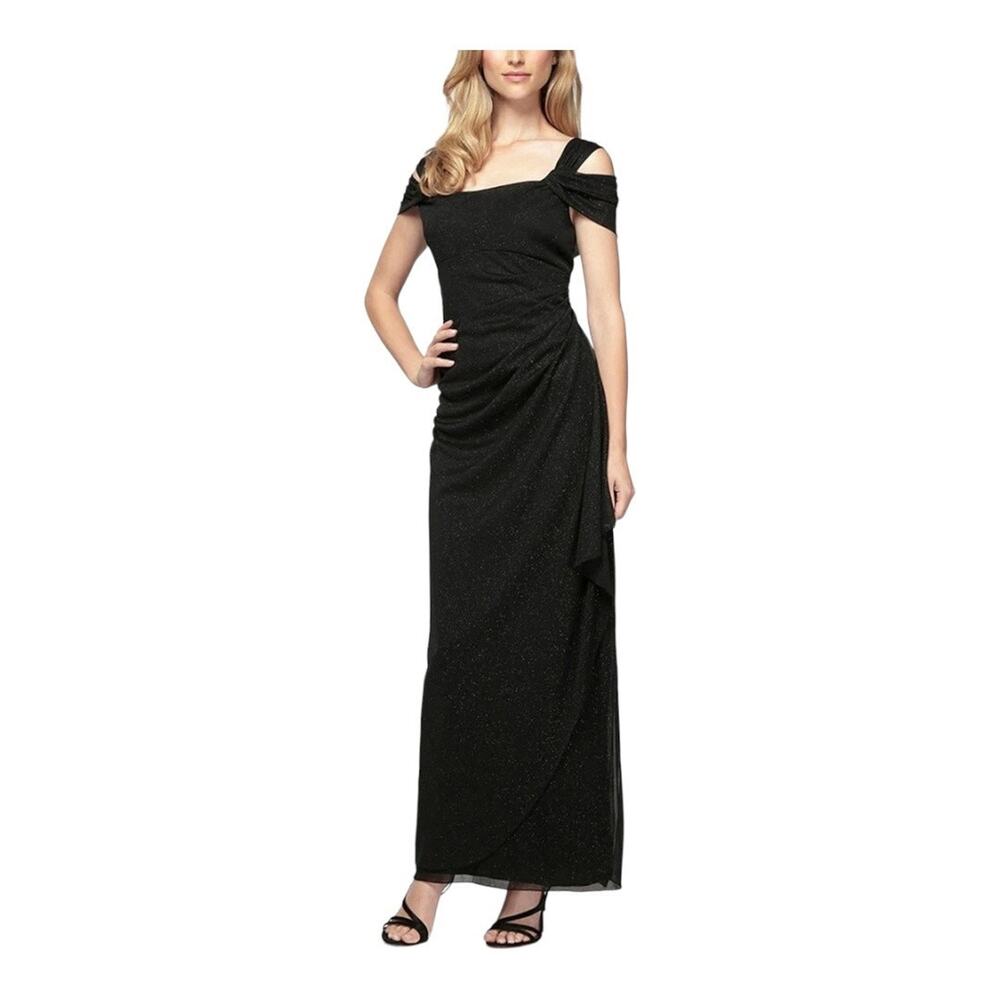 Alex Evenings Cold Shoulder Glitter Mesh Dress with Draped Skirt & Cowl Neckline
